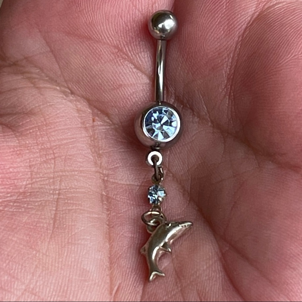 VTG Y2K STAINLESS STEEL Dangle belly ring blue rhinestone & dolphin - Picture 2 of 4